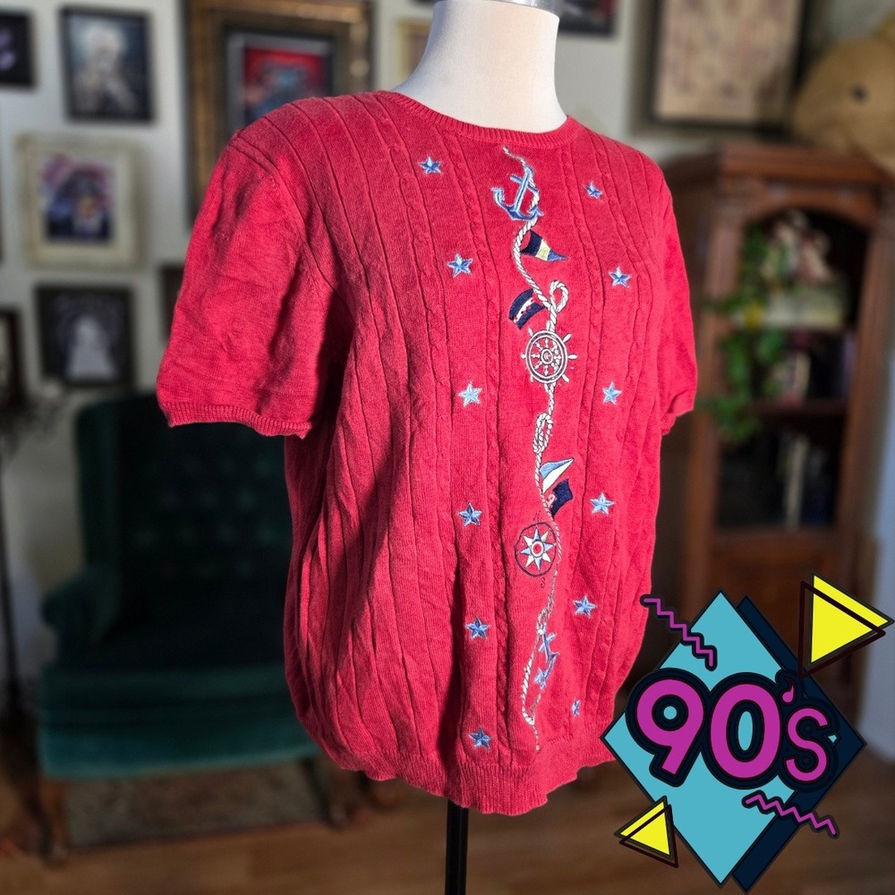 Vintage 90s Alfred Dunner Red Nautical‎ Embroidered Short Sleeve Knit Tee Blouse